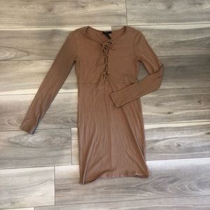 Tan/Camel Ribbed Lace Up Body Con Dress
